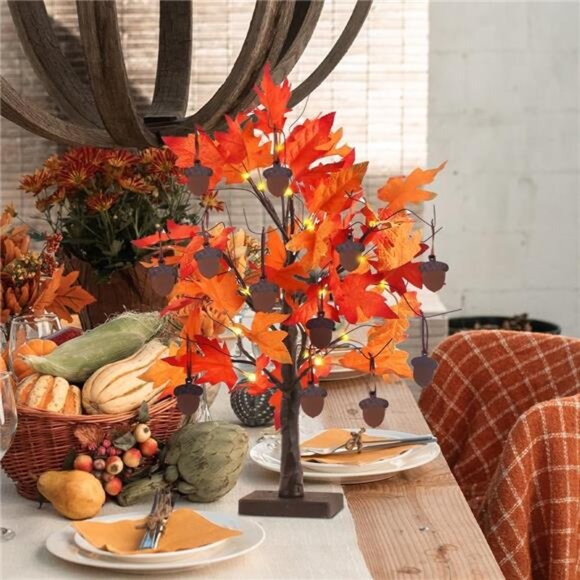 Fall Decorations for Home, 24”/2FT Lighted Fall Maple Leaves Tree with 24LT Warm - Picture 6 of 8